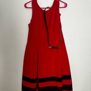 Belted red cinched waist dress